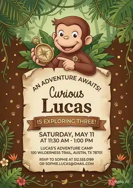Curious George Birthday Invitation | Editable Monkey Party Template