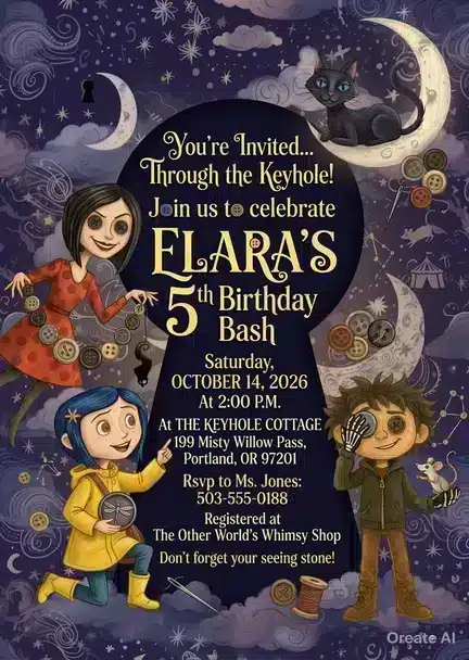 Coraline Birthday Invitation Template | Spooky Whimsical Party