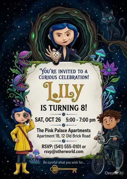 Spooky Coraline Birthday Invitation | Dark Fantasy Girl Party Invite