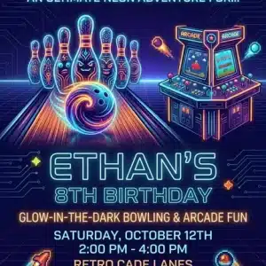 Let's Strike! Neon Arcade Bowling Birthday Invitation