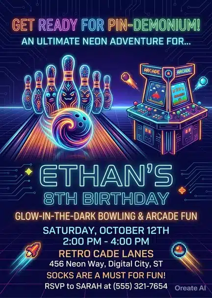 Let's Strike! Neon Arcade Bowling Birthday Invitation
