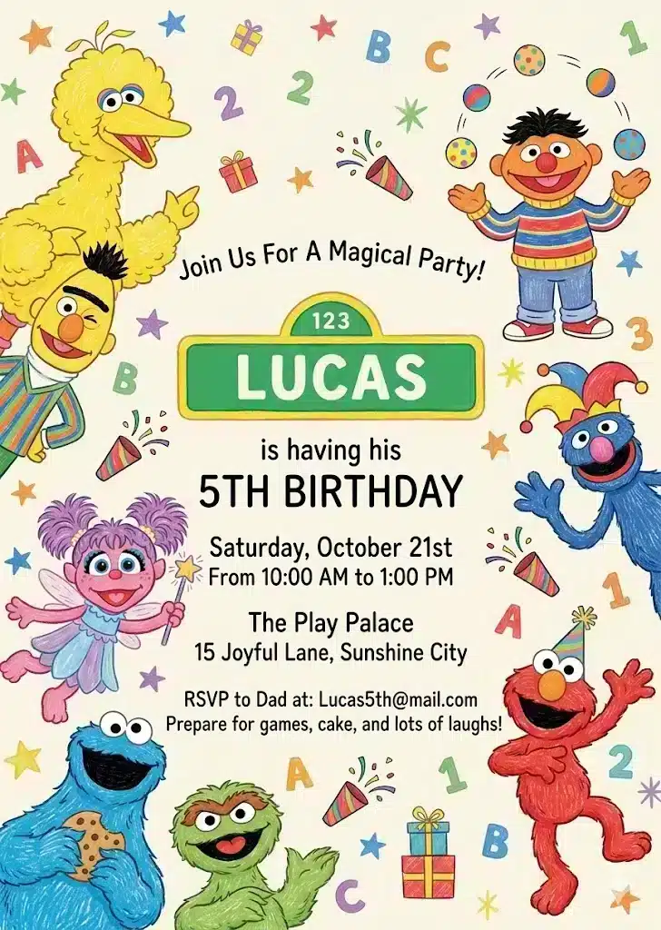 Sesame Street Watercolor Birthday Invitation | Pastel Kids Theme