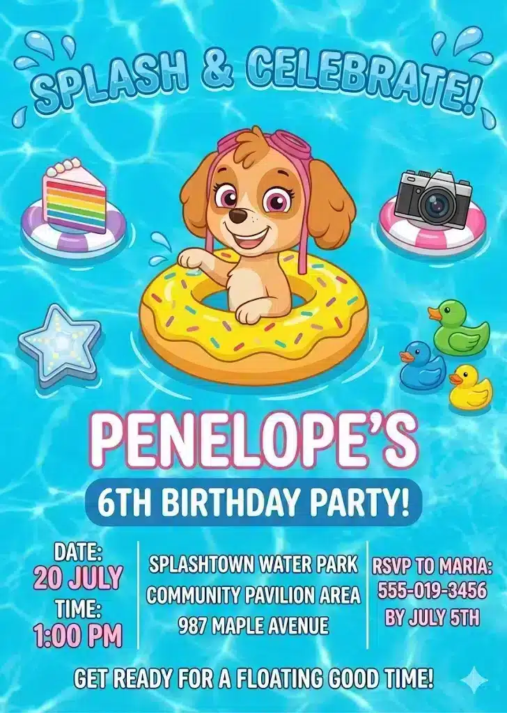 Paw-ty Sky Pool Party Birthday Invitation Template