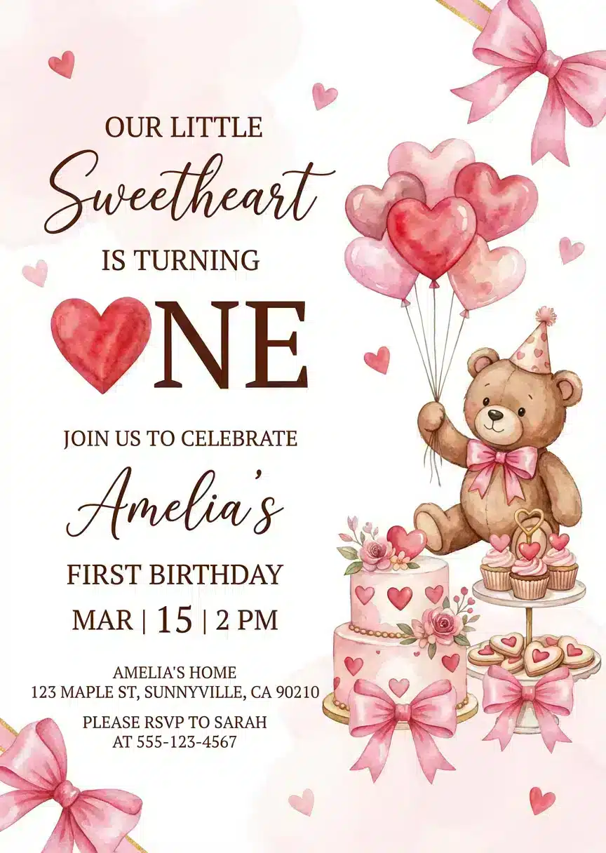 Sweetheart Baby Girl 1st Birthday Invitation Template