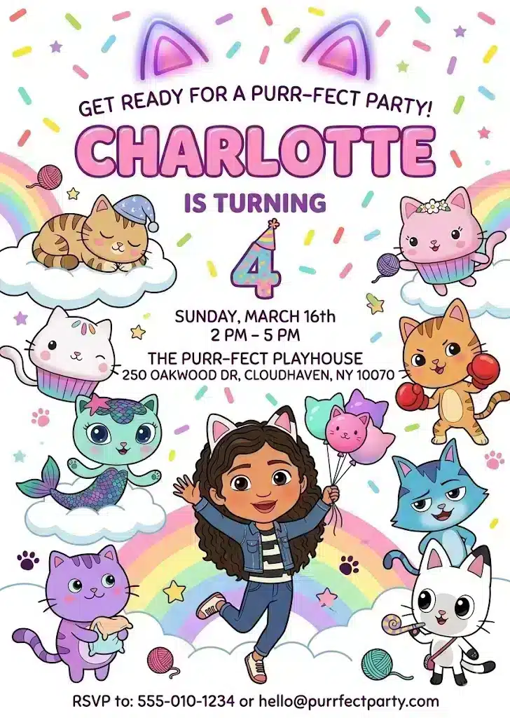 Gabby's Dollhouse Birthday Invitation - Editable Cat Theme Invite