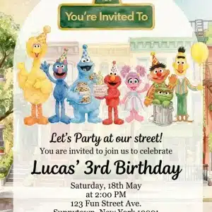 Pink Watercolor Sesame Street Birthday Invitation