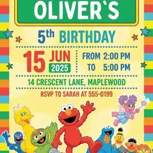 Sesame Street 2nd Birthday Invitation, Colorful Cartoon Party Template