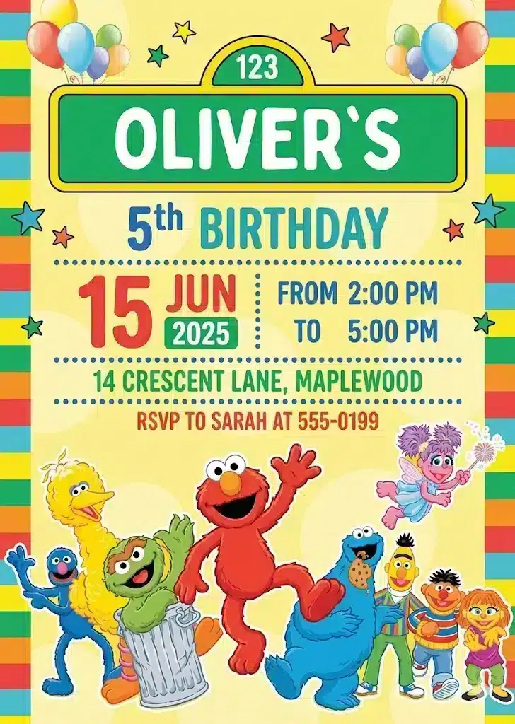Sesame Street 2nd Birthday Invitation, Colorful Cartoon Party Template