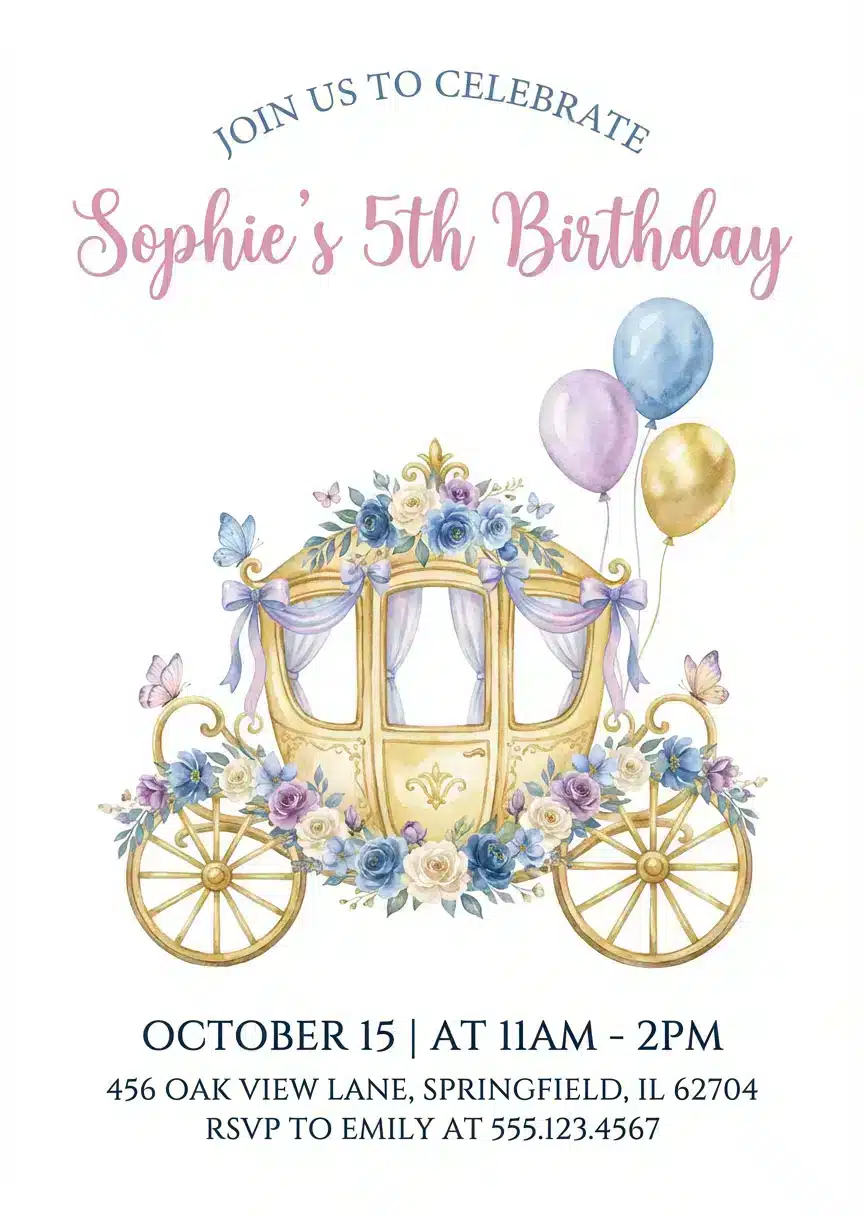Watercolor Princess Carriage Birthday Invitation | Fairytale Party Invite