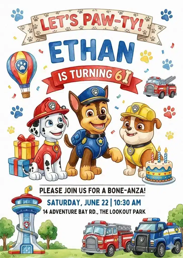 Puppy Patrol Paw-ty Birthday Invitation Template