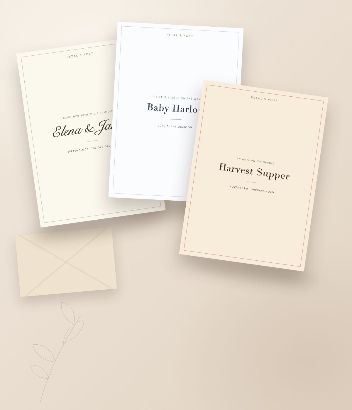Invitation suite arranged on a warm paper background