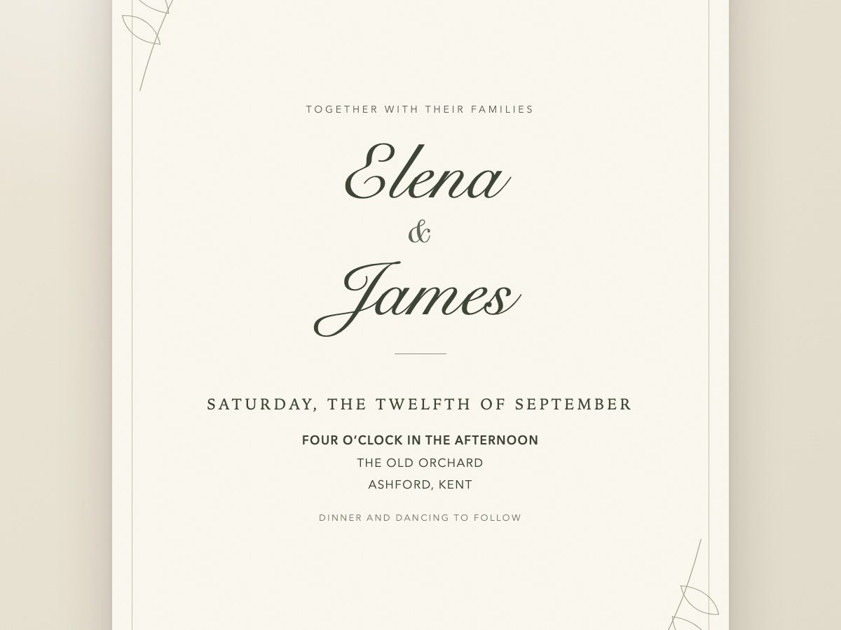 Meadow wedding invitation with botanical line art