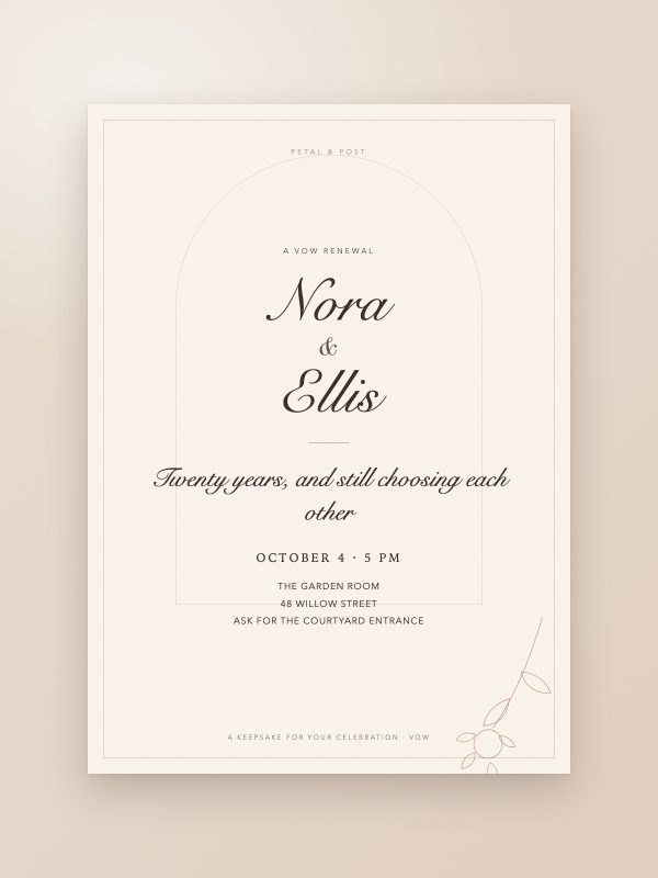 Modern vow renewal invitation in warm neutrals
